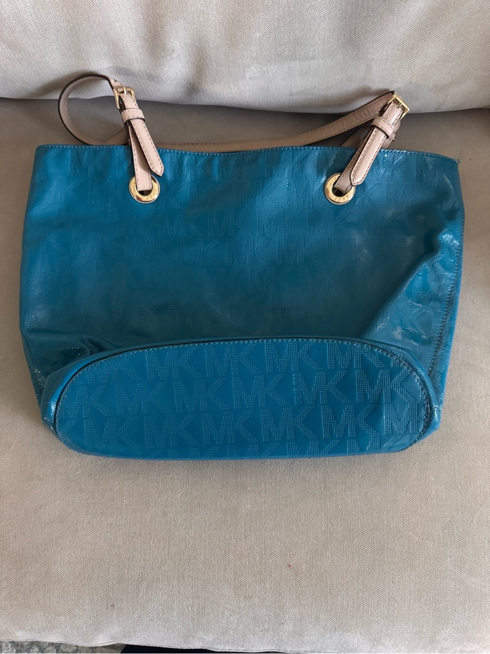 Michael Kors Teal Monogram Patent Leather Tote Bag